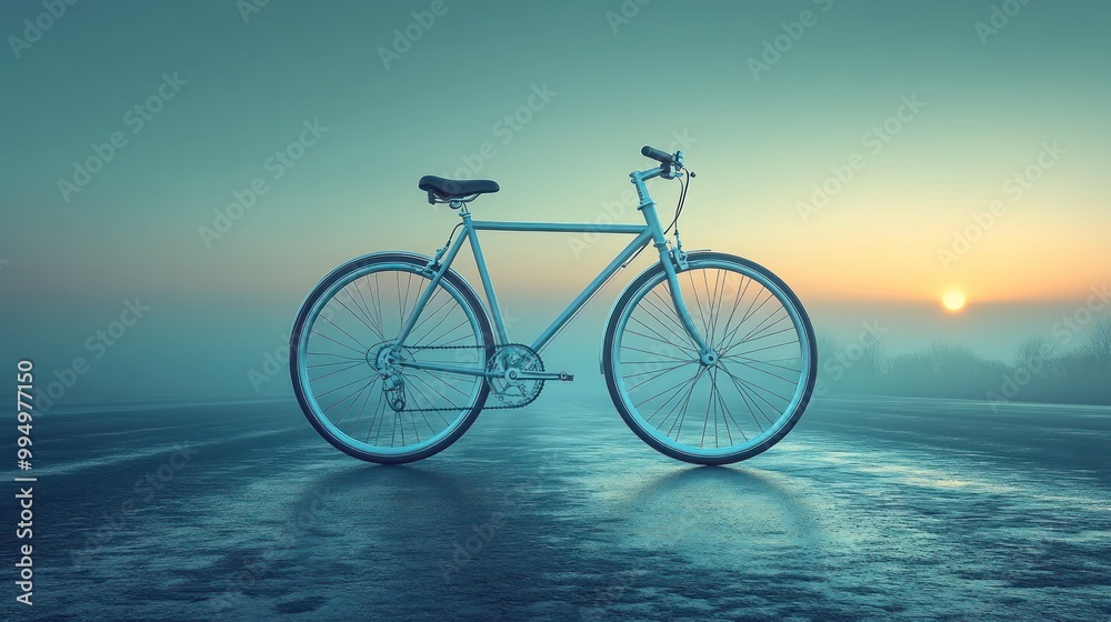 A solitary bicycle on a foggy road at sunrise. A solitary bicycle on a foggy road at sunrise.