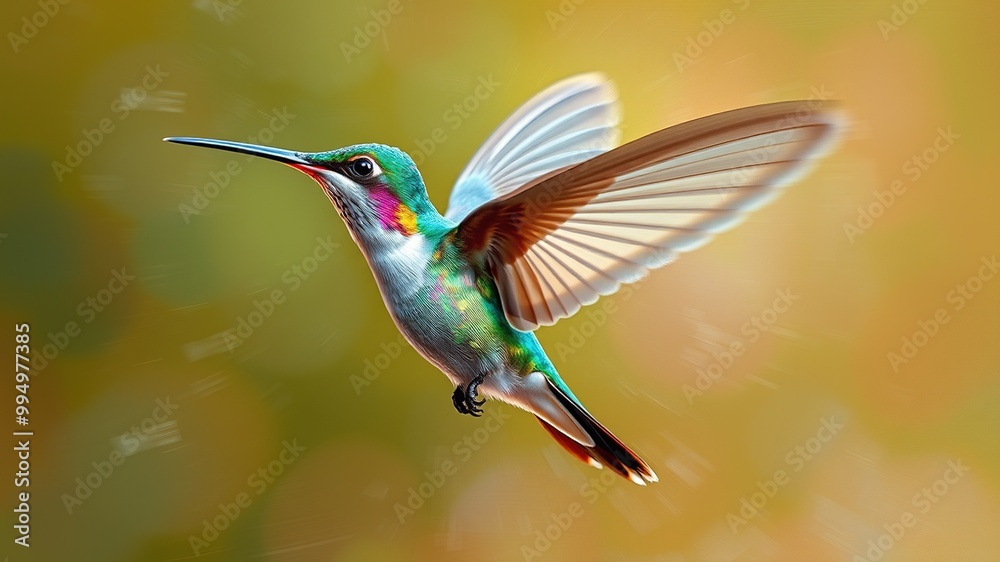 A delicate, iridescent hummingbird beats its slender, translucent wings at high velocity, creating a blur of motion and light as it hovers in mid-air.