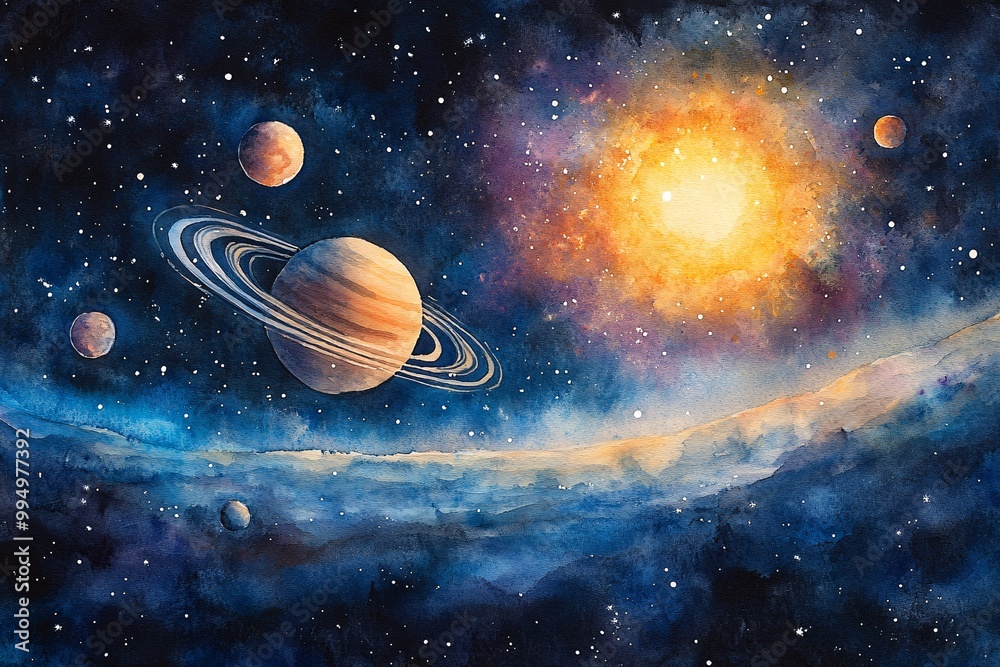 Fototapeta premium Watercolor Painting of Celestial Dance: Planets with Rings and Moons Orbiting Bright Star