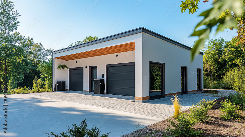 Modern garage with smart battery storage, featuring sleek design and ample space. Surrounded by greenery, it offers contemporary aesthetic and functionality Modern garage with smart battery storage, featuring sleek design and ample space. Surrounded by greenery, it offers contemporary aesthetic and functionality