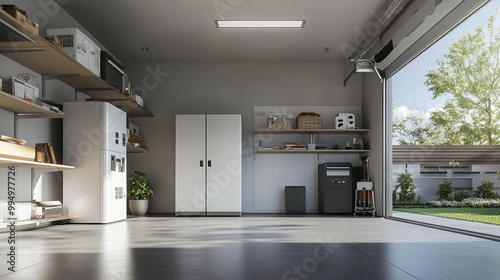 modern garage interior featuring organized storage solutions, including cabinets and shelves. space is well lit and has clean, minimalist design, perfect for efficient use