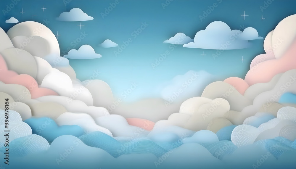 The sky background is filled with pastel fluffy clouds in a paper layer format. The sky background is filled with pastel fluffy clouds in a paper layer format.