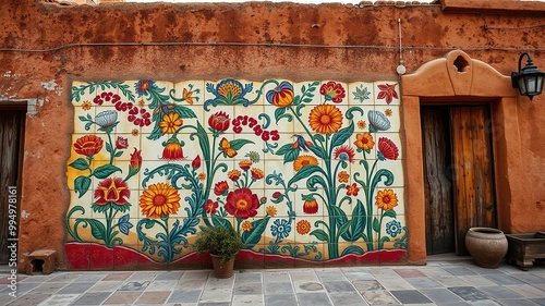 A distressed multicolored vintage Mexican tile mural adorns the wall of a rustic adobe building, showcasing intricate botanical designs, geometric patterns, and ornate accents.