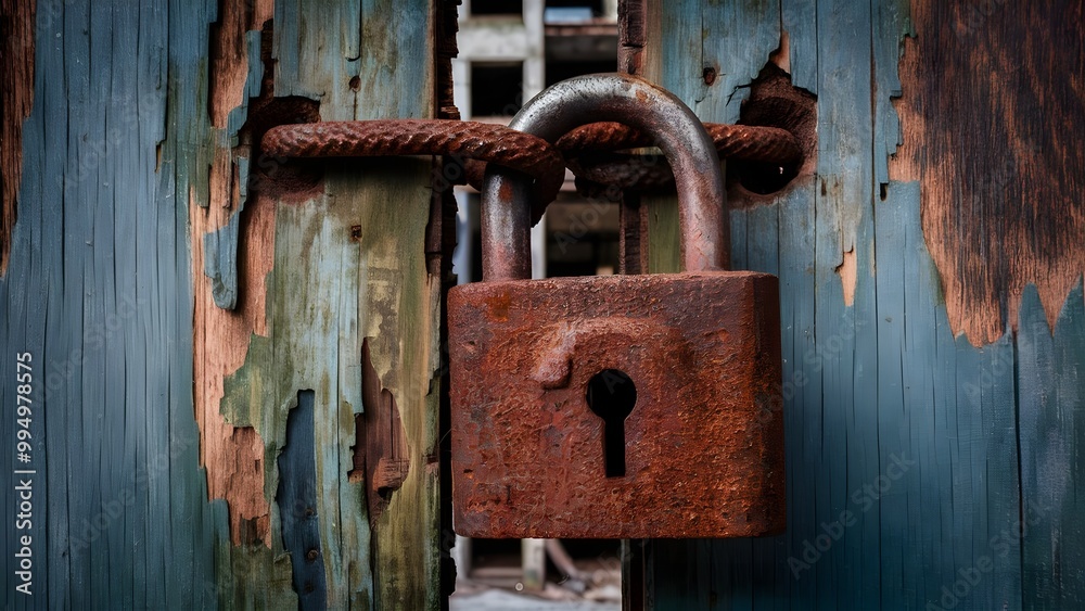 Oxidized Iron Padlock on Old Wooden Door Oxidized Iron Padlock on Old Wooden Door