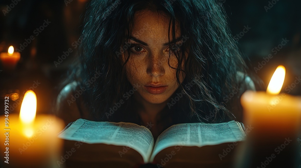 A woman reading a book surrounded by flickering candles. A woman reading a book surrounded by flickering candles.