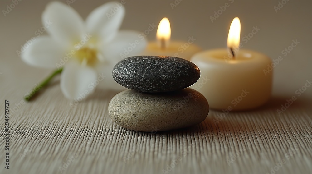 Zen stones, candles, and a white flower are featured on a beige background, creating a calm and harmonious atmosphere for wellness and spa. Zen stones, candles, and a white flower are featured on a beige background, creating a calm and harmonious atmosphere for wellness and spa.
