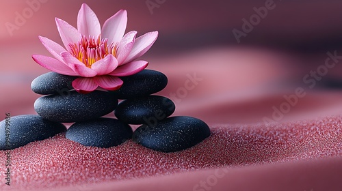 Zen stones, velvet sand, and a lotus flower are arranged on a pink background, offering a tranquil and harmonious spa experience.