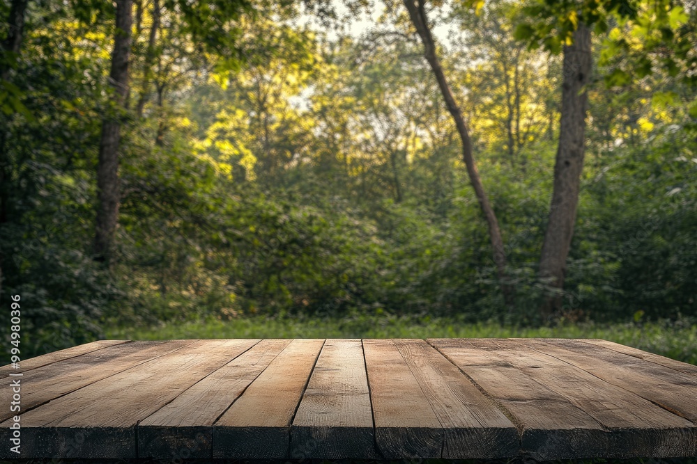 Table top wood counter floor podium in nature outdoors.generative ai Table top wood counter floor podium in nature outdoors.generative ai