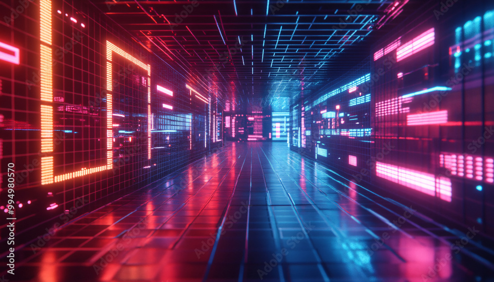 A retro-futuristic design with neon grids, VHS glitches, and pixelated elements, taking inspiration from 80s sci-fi movies and video games A retro-futuristic design with neon grids, VHS glitches, and pixelated elements, taking inspiration from 80s sci-fi movies and video games