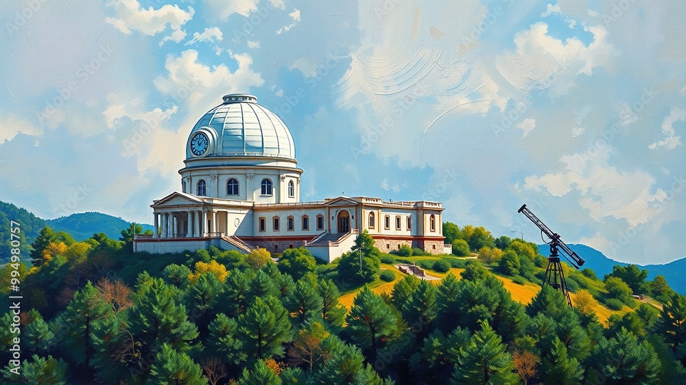 Fototapeta premium A majestic, century-old astronomy observatory stands atop a hill, its gleaming white dome and ornate clock tower rising above a lush green landscape and surrounding forest.