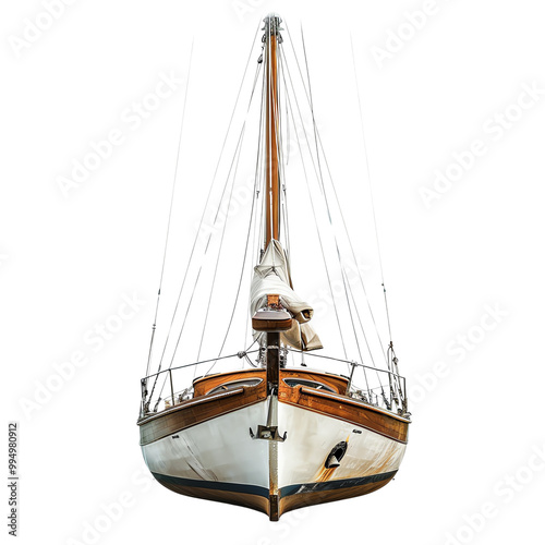 Front view of classic wooden sailboat isolated on white background, showcasing detailed craftsmanship and nautical design. photo