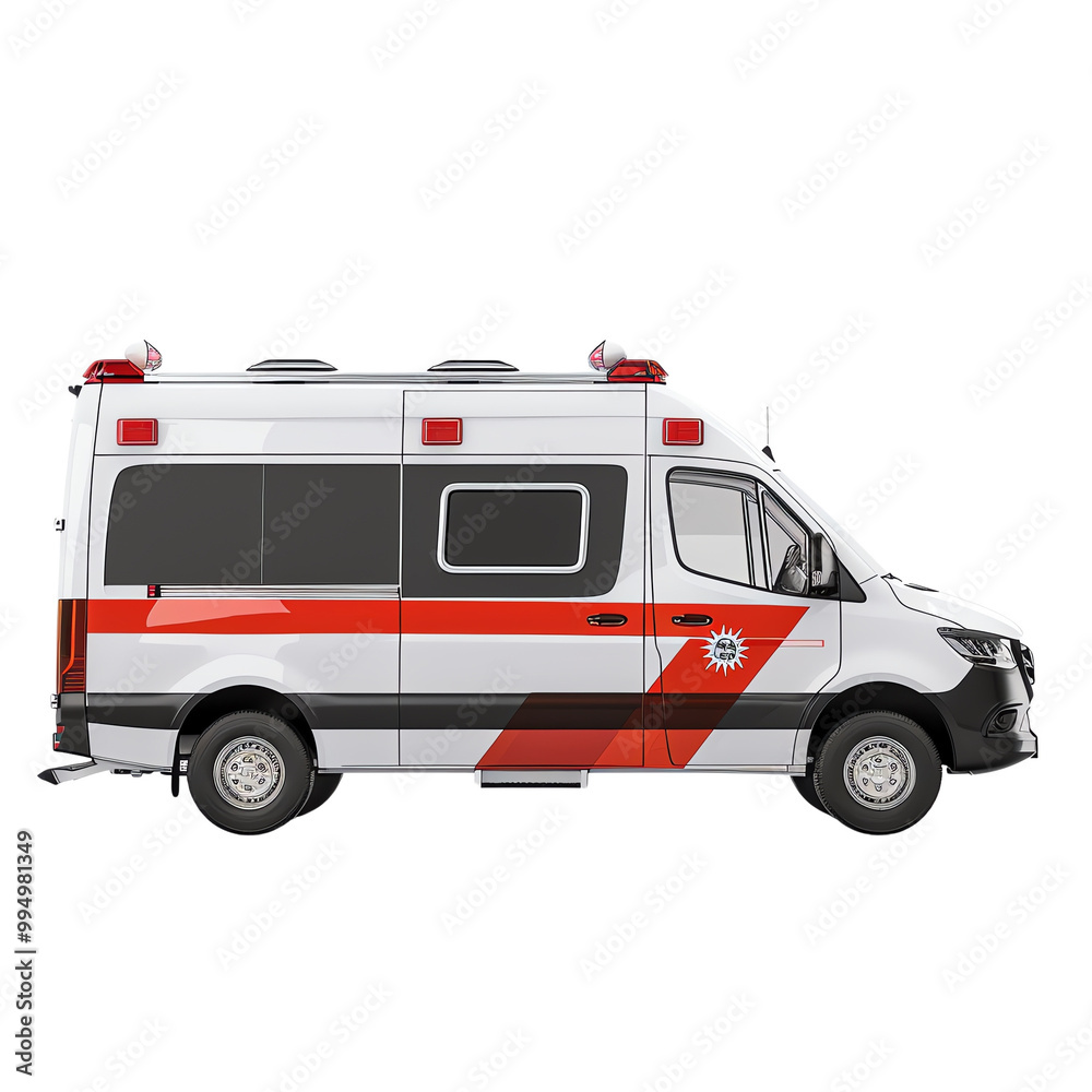 Side view of a modern ambulance with red and white stripes, used for emergency medical services and patient transport. Side view of a modern ambulance with red and white stripes, used for emergency medical services and patient transport.