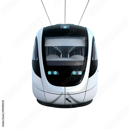 Modern white tram captured from the front, showcasing sleek design and futuristic aesthetics against a black background.