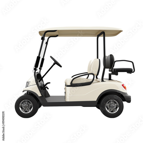 Side view of a modern, white golf cart isolated on a transparent background. Perfect for golf, transportation, and leisure concepts.