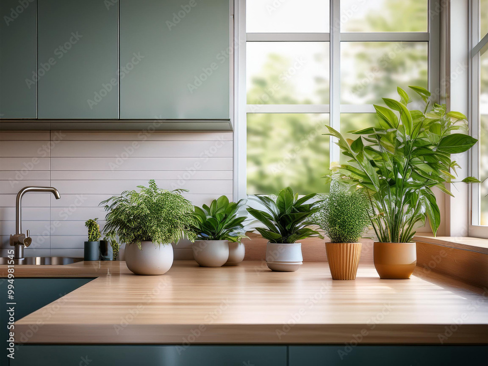 Fototapeta premium Kitchen interior with plants in pots on countertop, space for text