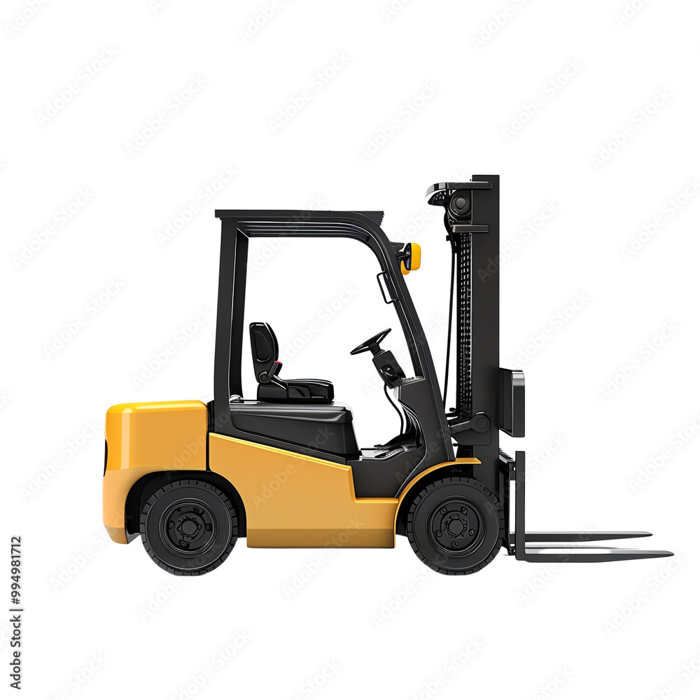 Side view of a yellow forklift truck used for industrial lifting and transportation on a white background.
