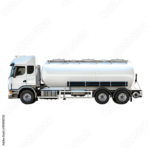 High-quality image of a white fuel tanker truck used for transporting gasoline or other fuels on highways and roads.