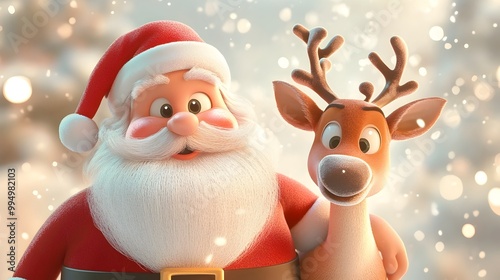 Adorable 3D Cartoon Santa and Reindeer in Style with Soft Matte Finish on Light Background