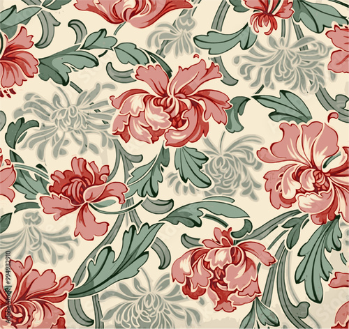 A vintage floral pattern in red, white, and green on a cream background, evoking classic elegance and timeless beauty.