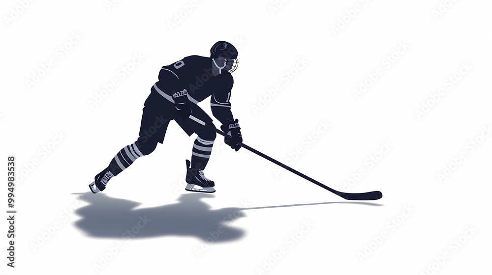 Fototapeta premium Strong silhouette of a hockey player on a white background, with subtle shadow play to highlight shape and form. simple, versatile composition allows easy text addition. Shadow Play. Illustration