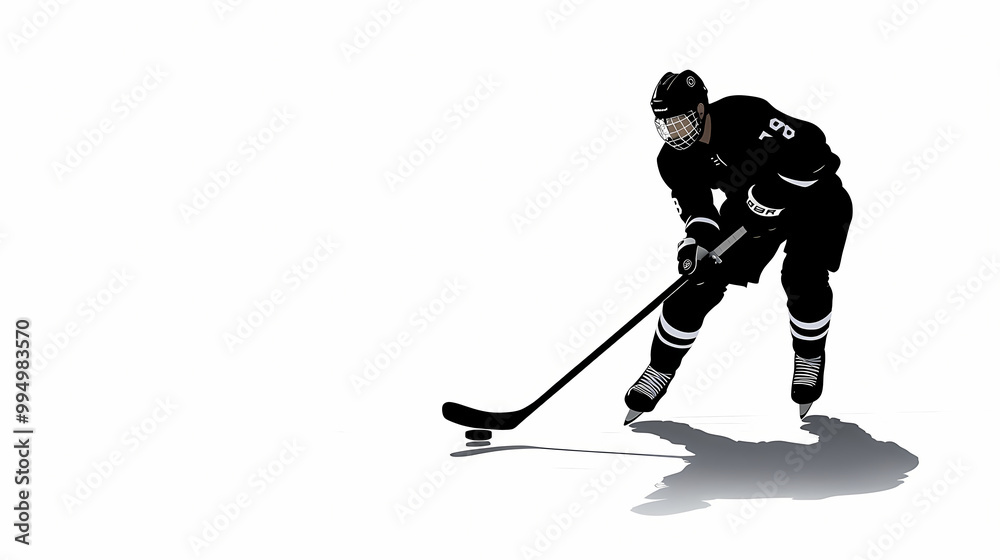 Fototapeta premium Strong silhouette of a hockey player on a white background, with subtle shadow play to highlight shape and form. simple, versatile composition allows easy text addition. Shadow Play. Illustration