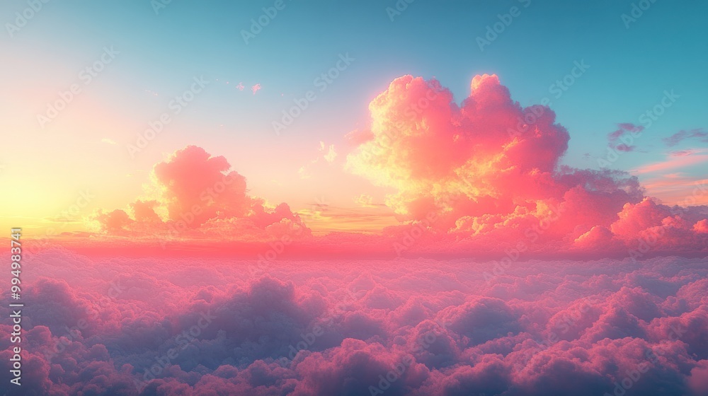 Fototapeta premium Serene sunset over fluffy clouds, creating a tranquil atmosphere.