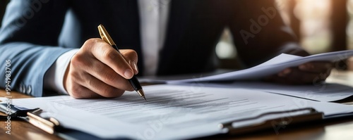 Corporate lawyer reviewing legal aspects of emergency procedures, detailed documents and contracts in focus photo