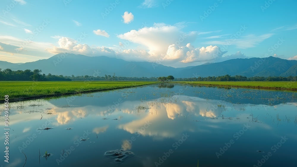 Beautiful Green Rice Field with Mountain Landscape View Beautiful Green Rice Field with Mountain Landscape View