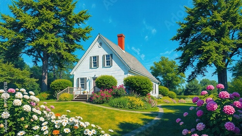 A serene white house with a steeply pitched roof and shuttered windows stands amidst a lush garden filled with blooming flowers and towering trees against a clear blue sky. photo