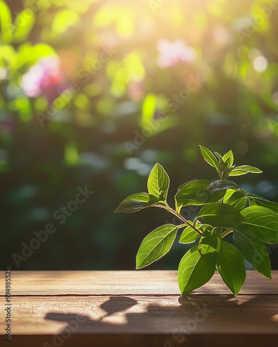 A young green plant basks in sunlight, casting soft shadows on a wooden table, amid a vibrant garden.