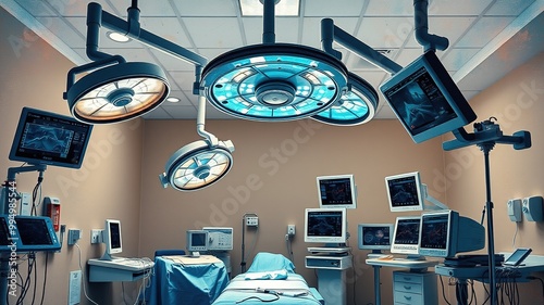 A sterile operating room setup with medical equipment, surgical lights, and monitors ready for a procedure, with a calm and organized atmosphere filling the space photo