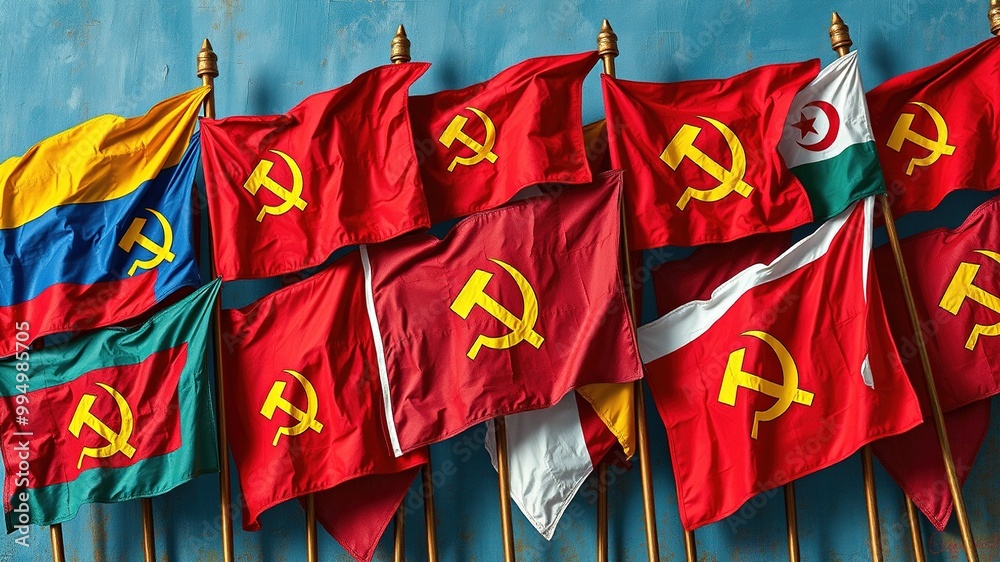 A striking collection of bold-colored flags bearing symbolic emblems ...