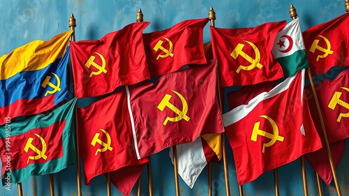 A striking collection of bold-colored flags bearing symbolic emblems and insignia of former Eastern Bloc countries, representing the ideology and governance of communist states. photo