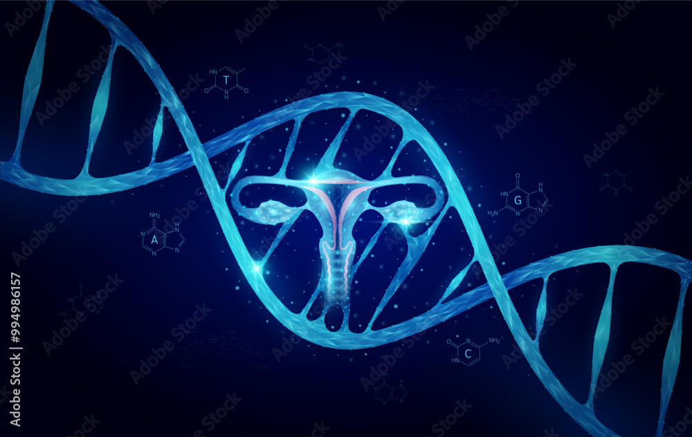 Uterus DNA gene cell double helix blue. Genetic synthetic biology combined. Anatomy organ glowing polygonal. Code analysis thymine, adenine, guanine, cytosine. Medical science background vector. Uterus DNA gene cell double helix blue. Genetic synthetic biology combined. Anatomy organ glowing polygonal. Code analysis thymine, adenine, guanine, cytosine. Medical science background vector.