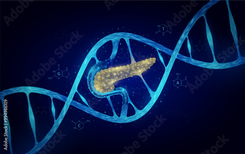 Pancreas DNA gene cell double helix blue. Genetic synthetic biology combined. Anatomy organ glowing polygonal. Code analysis thymine, adenine, guanine, cytosine. Medical science background vector.