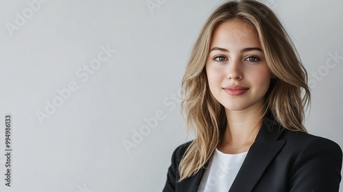 A professional woman with wavy hair smiles confidently, dressed in a black blazer against a neutral background.