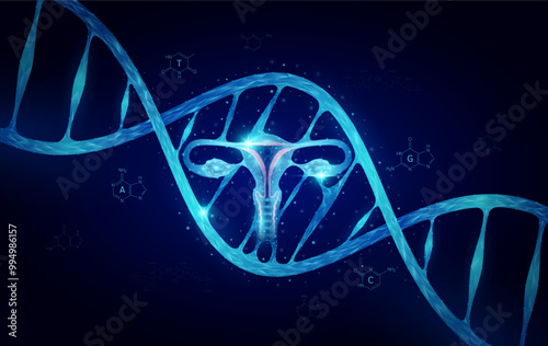 Uterus DNA gene cell double helix blue. Genetic synthetic biology combined. Anatomy organ glowing polygonal. Code analysis thymine, adenine, guanine, cytosine. Medical science background vector.