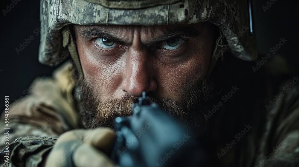 Close-up Portrait of a Soldier with Focused Gaze Close-up Portrait of a Soldier with Focused Gaze