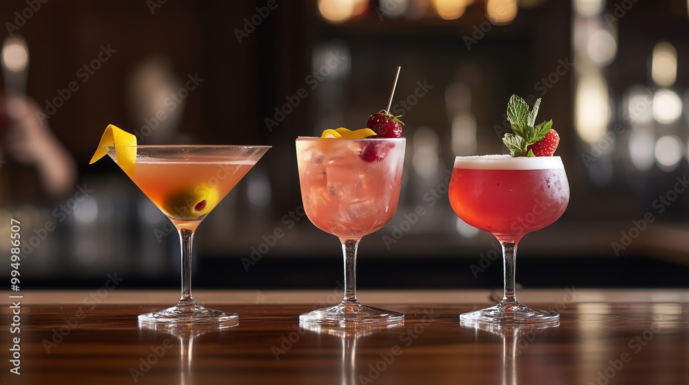 Three elegant cocktail glasses shine with vibrant drinks on a polished wooden bar.