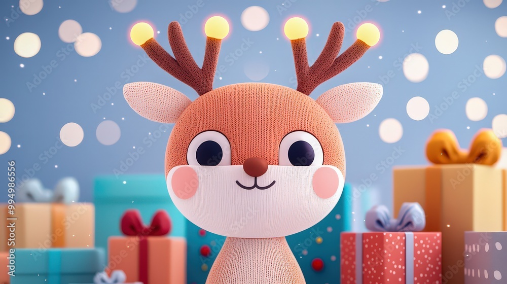 A cheerful, plush reindeer with antlers and glowing lights stands among colorful gifts, creating a festive holiday atmosphere. A cheerful, plush reindeer with antlers and glowing lights stands among colorful gifts, creating a festive holiday atmosphere.