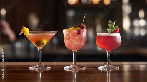 Three elegant cocktail glasses shine with vibrant drinks on a polished wooden bar.