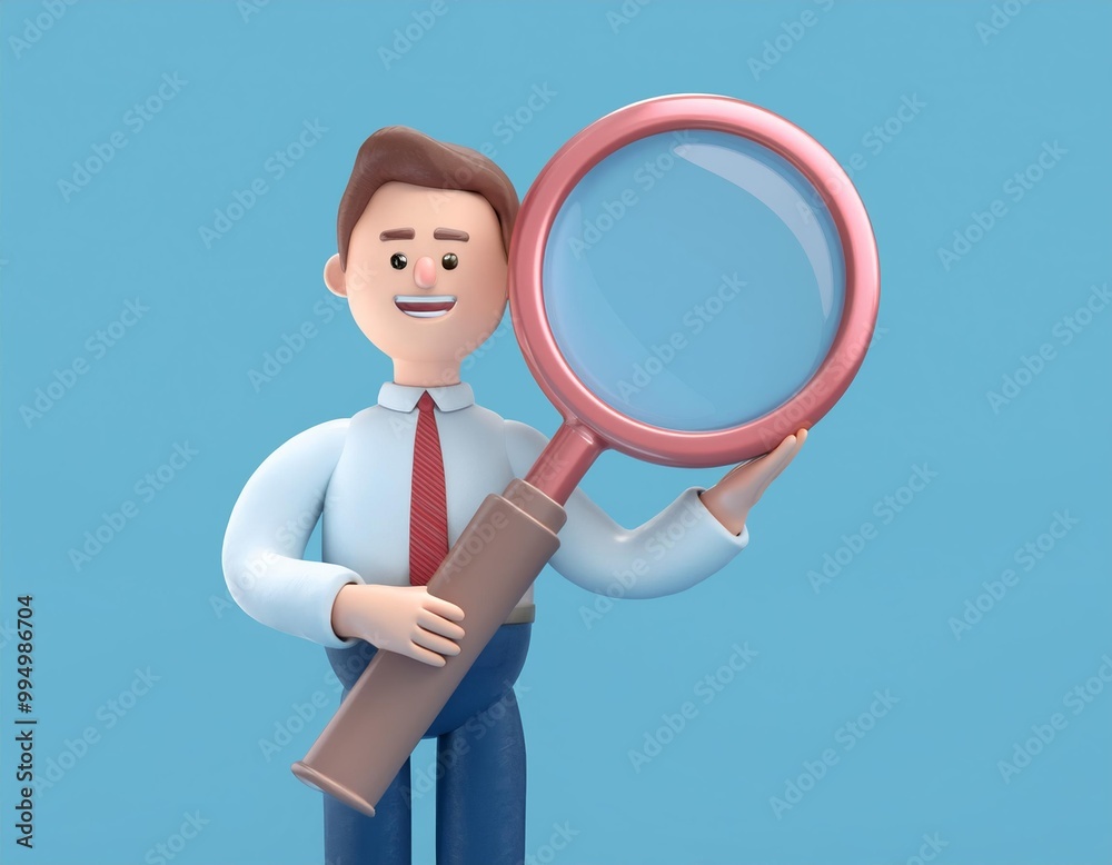 3D cartoon businessman holds a magnifying glass 3D cartoon businessman holds a magnifying glass