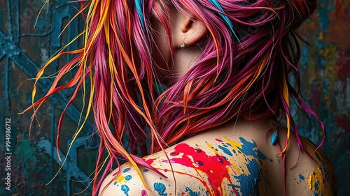 A vibrant and eclectic mix of textures and colors as a woman's unruly locks cascade down her back in a whimsical, asymmetrical style. photo