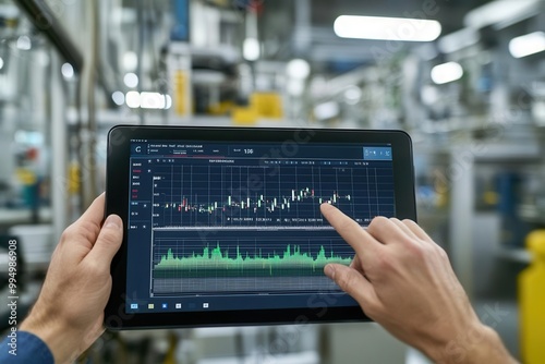 Close-up of SPC control charts showing process variation, technician entering data on a tablet in a manufacturing plant photo