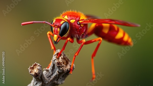 A vibrant red wasp species with distinctive yellow markings on its thorax and abdomen perches confidently on a twig, its delicate wings folded neatly against its body. photo