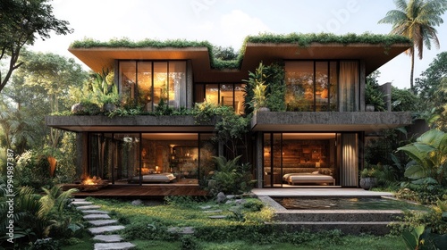 Modern eco-friendly house surrounded by lush greenery and nature.