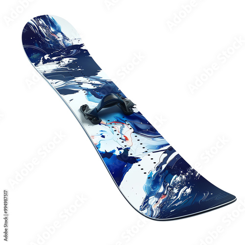 A vibrant and artistic snowboard with a blue and white marbled design, perfect for winter sports enthusiasts and snowboarding adventures.