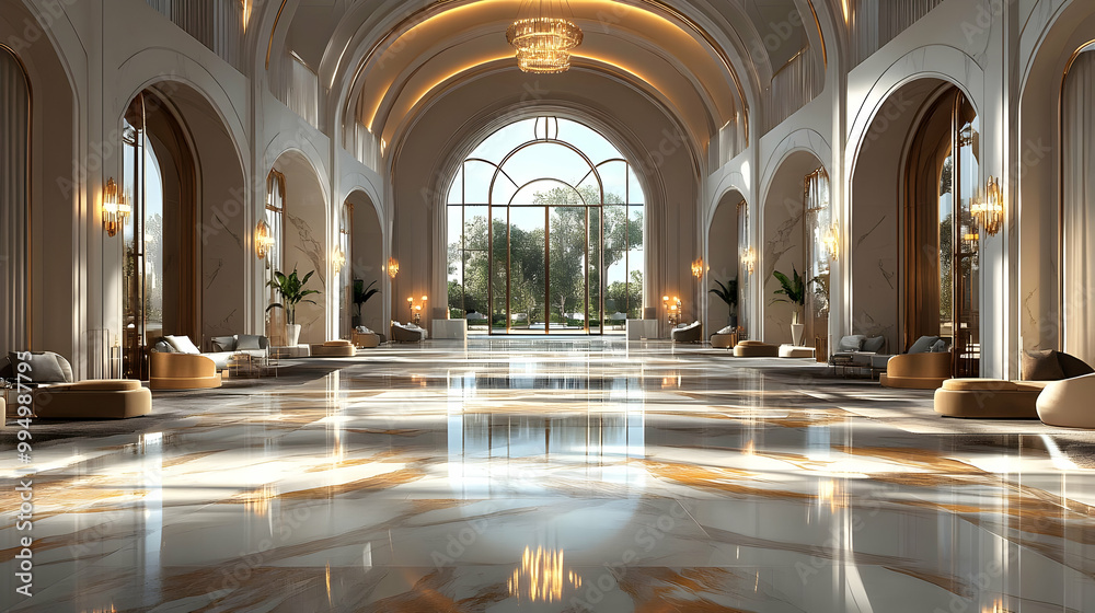 Fototapeta premium Grand Lobby Design: Arched Windows, Marble Floors, and Elegant Seating