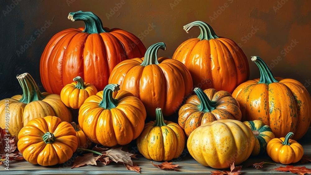 A warm autumnal ambiance is set with a still life arrangement of variously sized and styled jack-o'-lanterns, gourds, and squash of orange, yellow, and green hues. A warm autumnal ambiance is set with a still life arrangement of variously sized and styled jack-o'-lanterns, gourds, and squash of orange, yellow, and green hues.