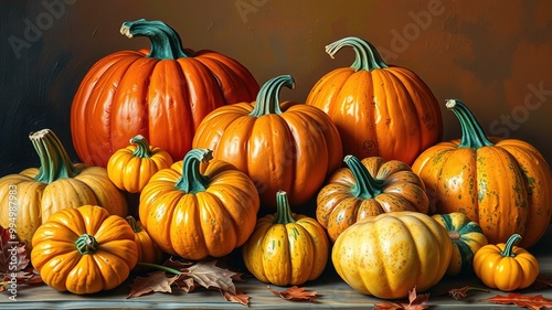 A warm autumnal ambiance is set with a still life arrangement of variously sized and styled jack-o'-lanterns, gourds, and squash of orange, yellow, and green hues. photo